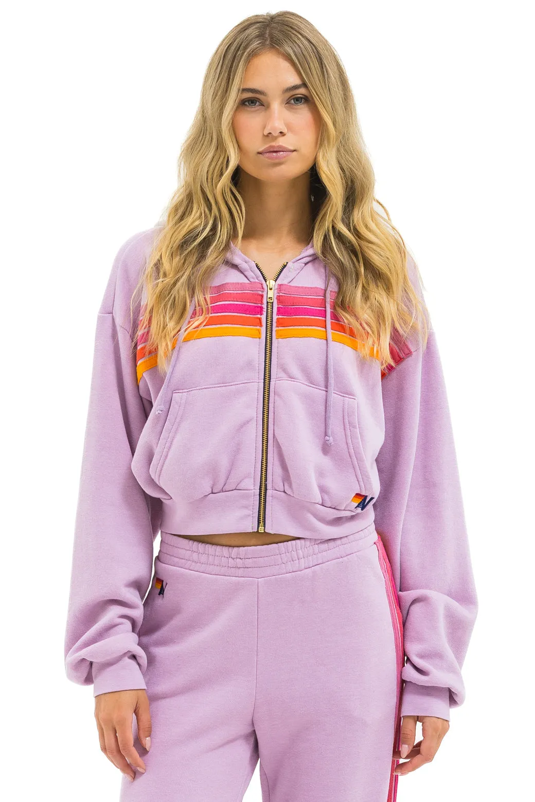 5 STRIPE CROPPED ZIP HOODIE RELAXED - MAUVE // MAGENTA // ORANGE sold by Aviator Nation