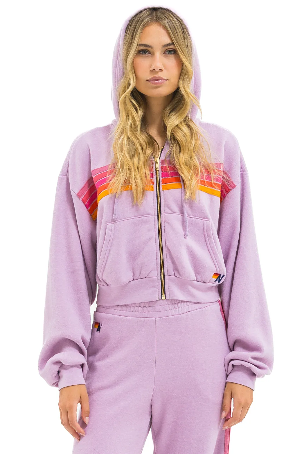 5 STRIPE CROPPED ZIP HOODIE RELAXED - MAUVE // MAGENTA // ORANGE sold by Aviator Nation product image thumbnail 4