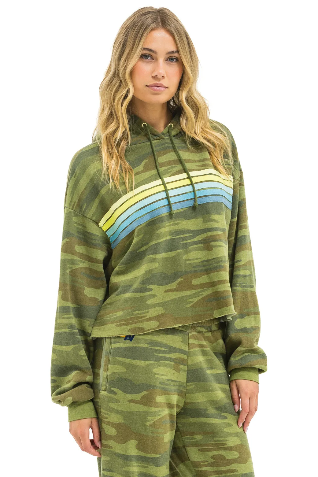 5 STRIPE RELAXED CROPPED PULLOVER HOODIE - CAMO // LIME // AQUA sold by Aviator Nation product image thumbnail 4