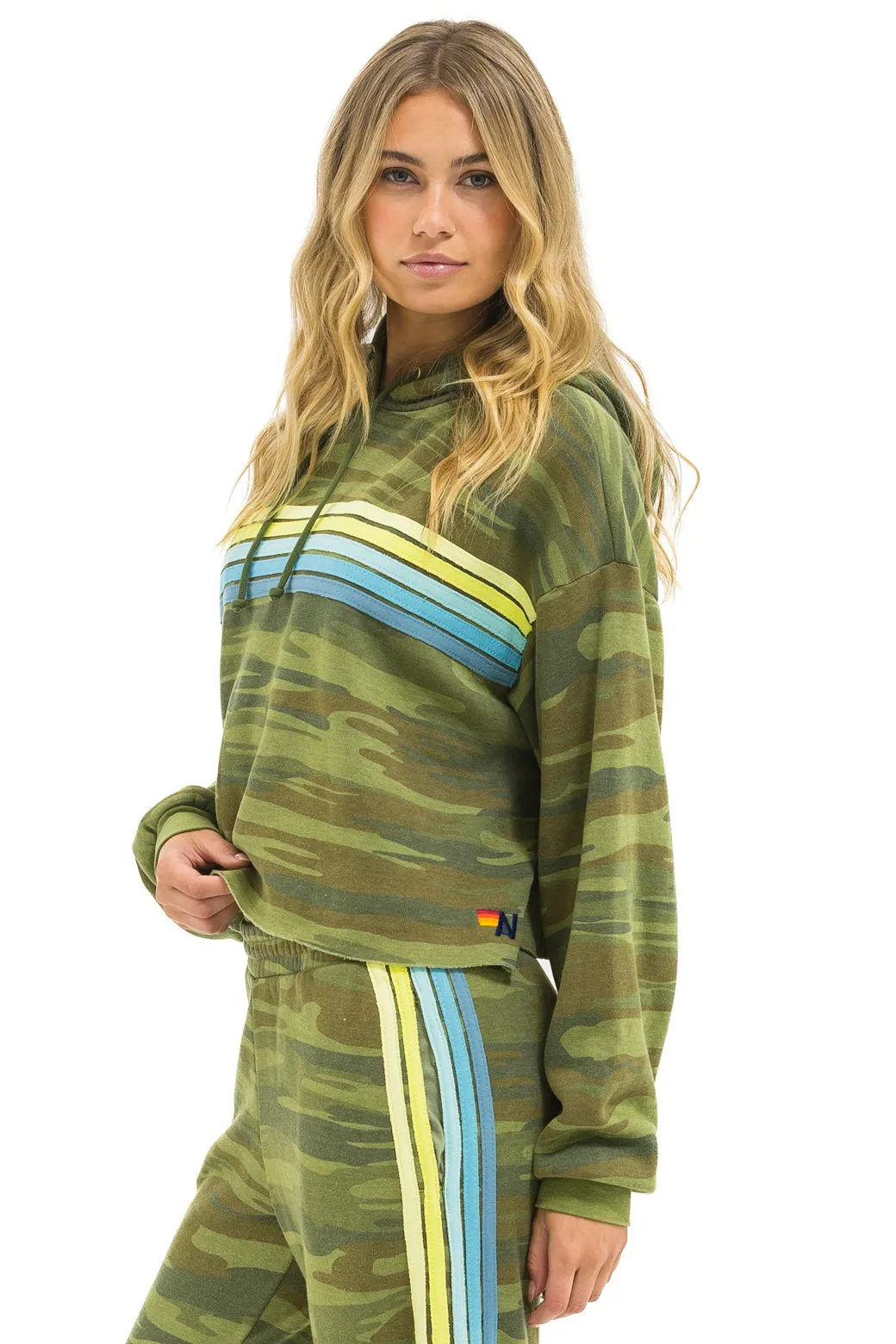 5 STRIPE RELAXED CROPPED PULLOVER HOODIE - CAMO // LIME // AQUA sold by Aviator Nation product image thumbnail 2