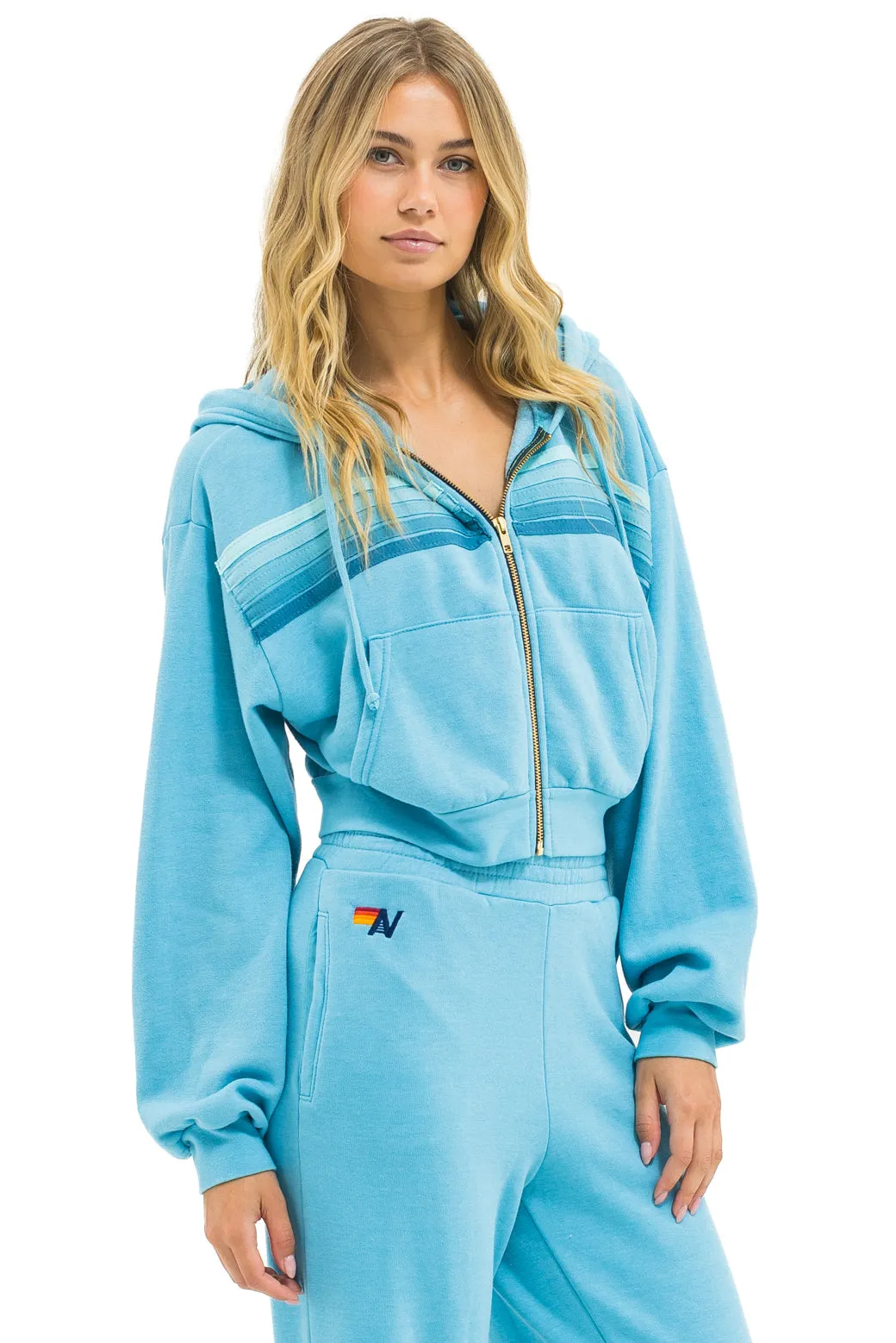 5 STRIPE CROPPED ZIP HOODIE RELAXED - AQUA // AQUA sold by Aviator Nation product image thumbnail 3