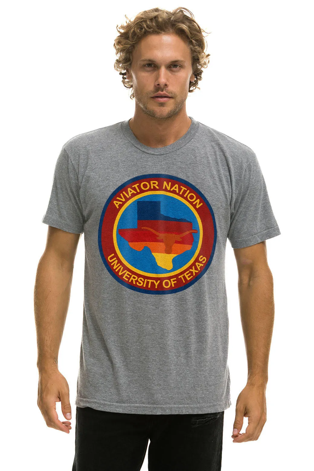 UNIVERSITY OF TEXAS CIRCLE PRINT CREW TEE SHIRT - HEATHER sold by Aviator Nation