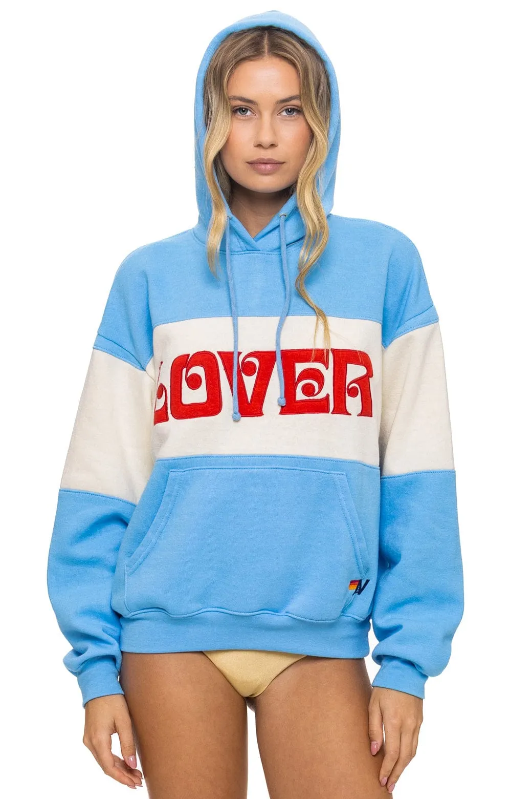 LOVER EMBROIDERY COLOR BLOCK PULLOVER HOODIE RELAXED - SKY // VINTAGE WHITE sold by Aviator Nation
