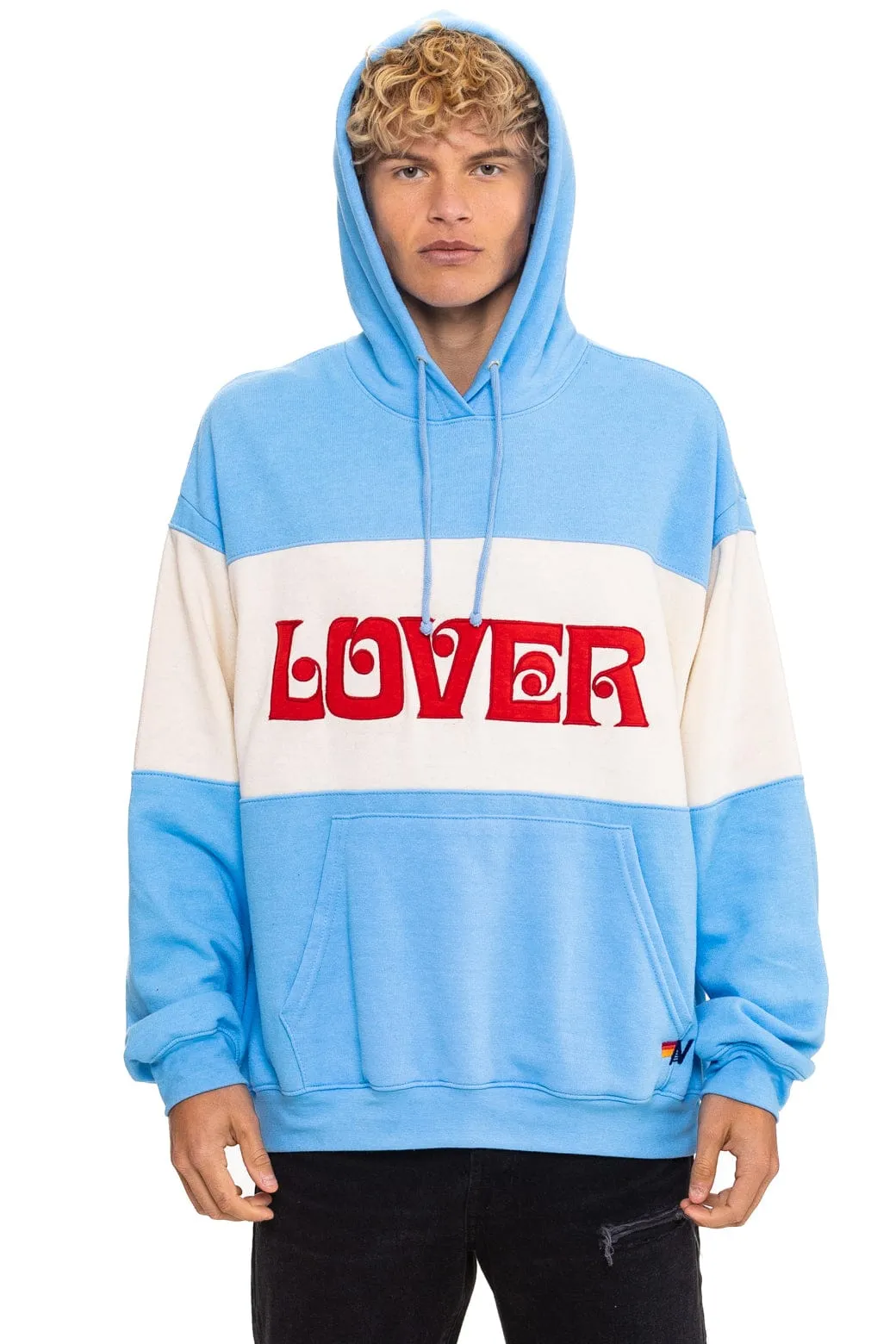 LOVER EMBROIDERY COLOR BLOCK PULLOVER HOODIE RELAXED - SKY // VINTAGE WHITE sold by Aviator Nation product image thumbnail 2
