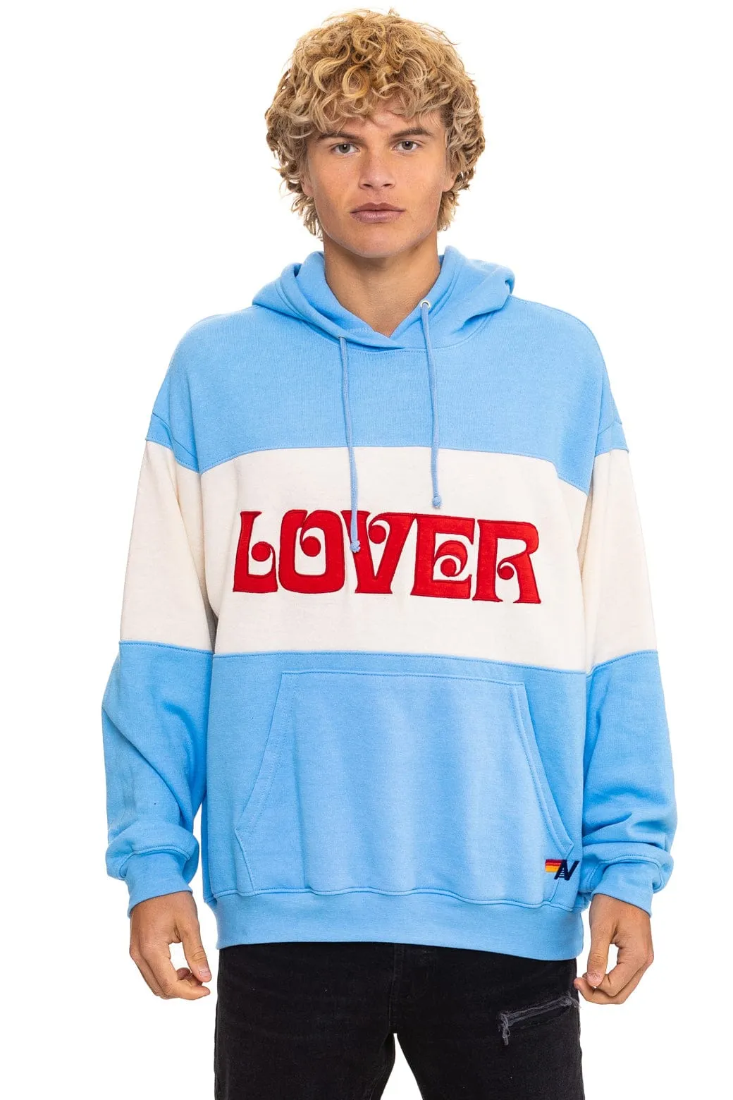LOVER EMBROIDERY COLOR BLOCK PULLOVER HOODIE RELAXED - SKY // VINTAGE WHITE sold by Aviator Nation product image thumbnail 4