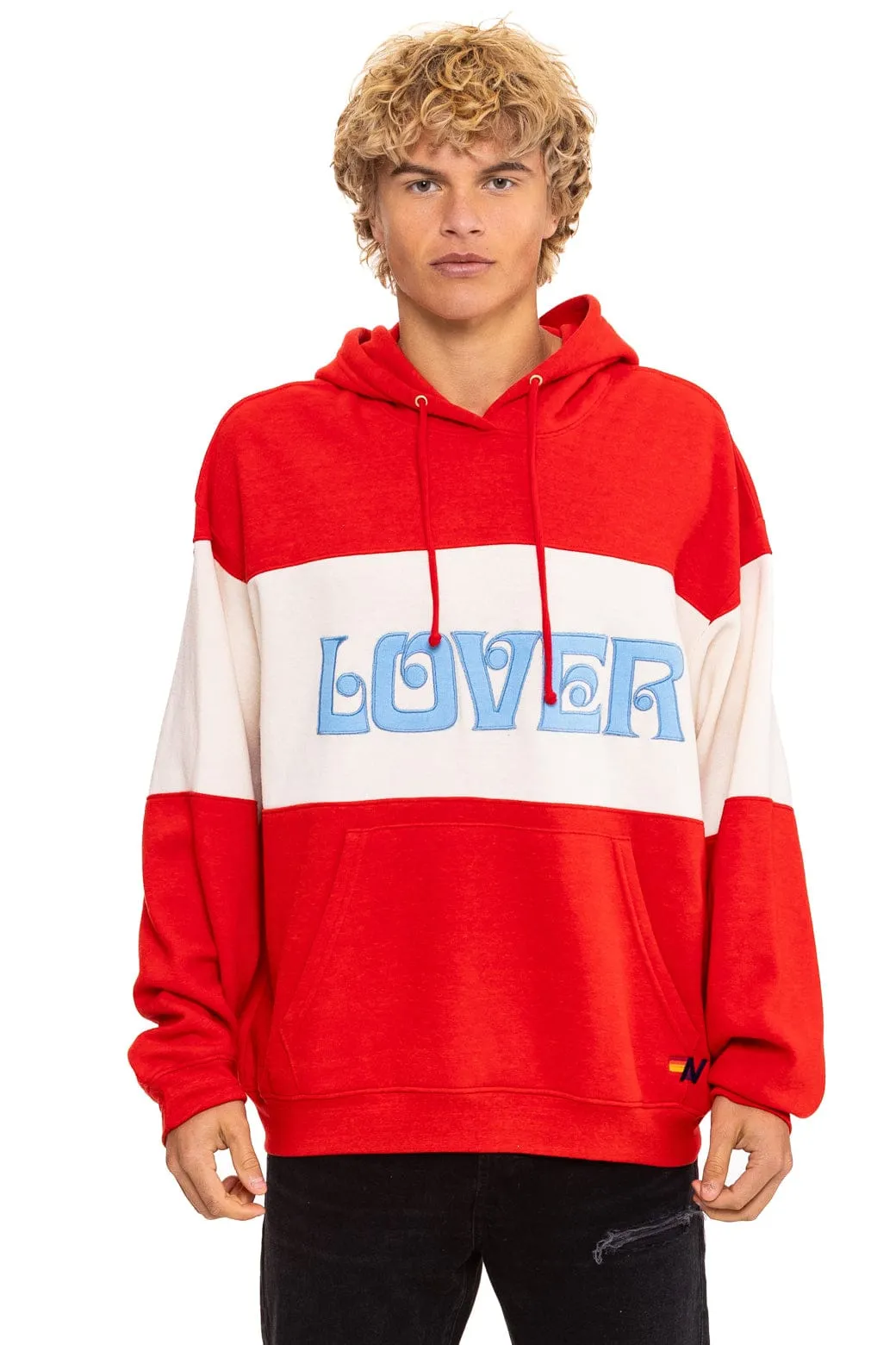 LOVER EMBROIDERY COLOR BLOCK PULLOVER HOODIE RELAXED - RED // VINTAGE WHITE sold by Aviator Nation product image thumbnail 4