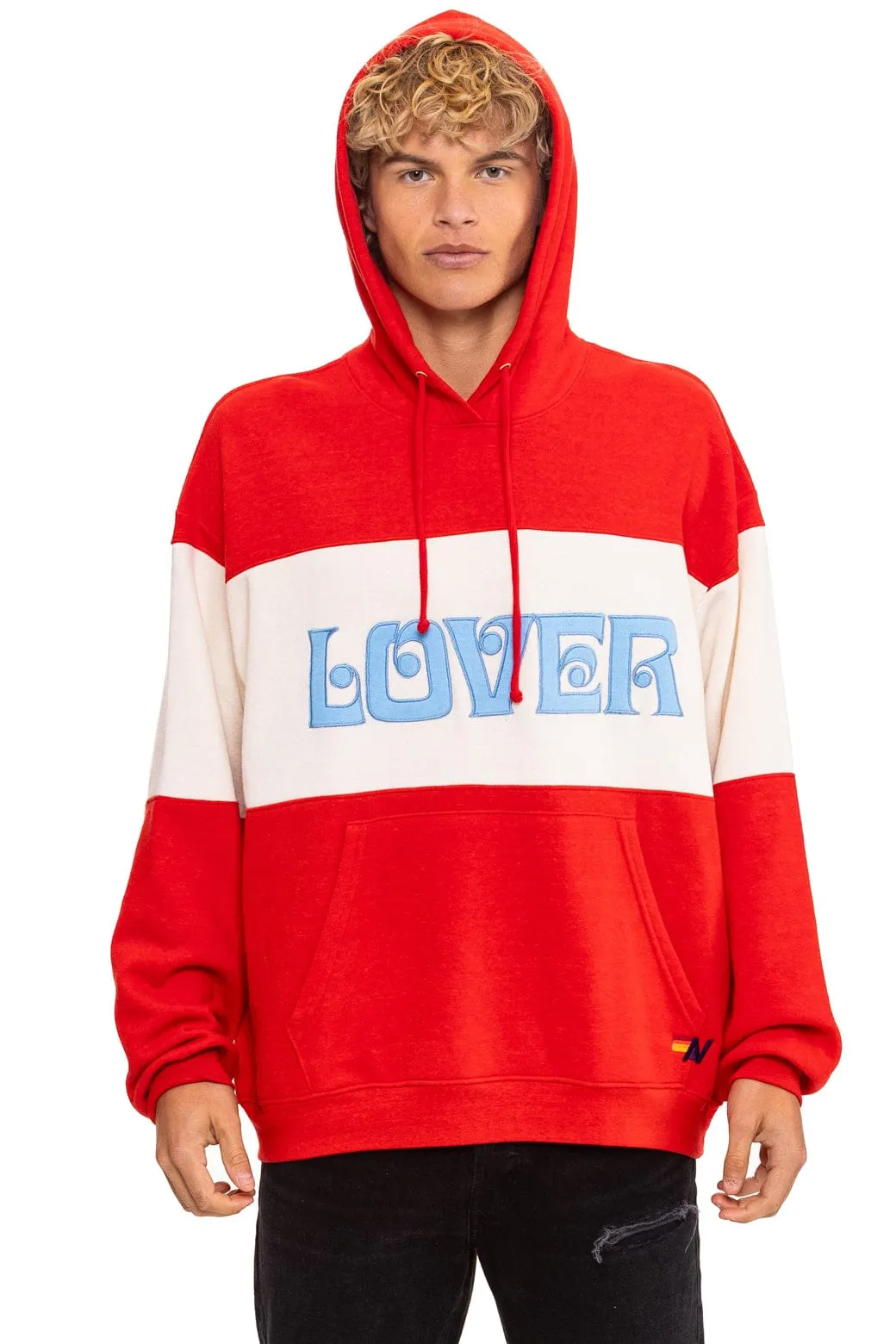 LOVER EMBROIDERY COLOR BLOCK PULLOVER HOODIE RELAXED - RED // VINTAGE WHITE sold by Aviator Nation product image thumbnail 2