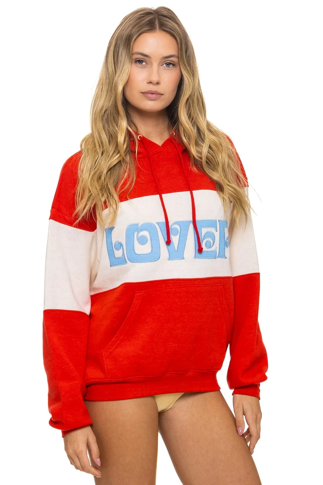 LOVER EMBROIDERY COLOR BLOCK PULLOVER HOODIE RELAXED - RED // VINTAGE WHITE sold by Aviator Nation product image thumbnail 3