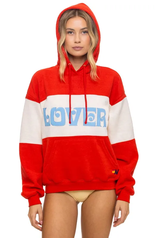 LOVER EMBROIDERY COLOR BLOCK PULLOVER HOODIE RELAXED - RED // VINTAGE WHITE sold by Aviator Nation