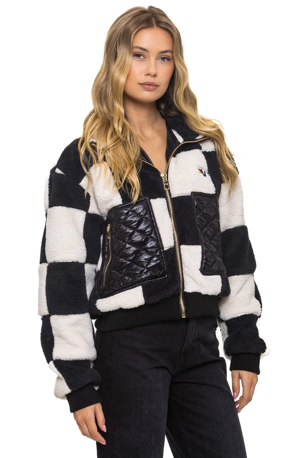 TEDDY CHECKERBOARD WOMENS FULL ZIP JACKET - VINTAGE // BLACK sold by Aviator Nation product image thumbnail 4