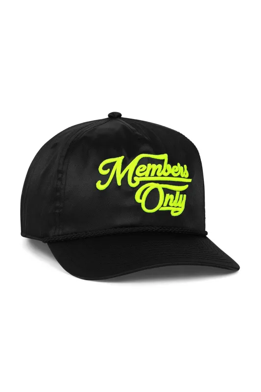 MEMBERS EXCLUSIVE VINTAGE SATIN SCRIPT TRUCKER HAT - BLACK // NEON YELLOW made by Aviator Nation