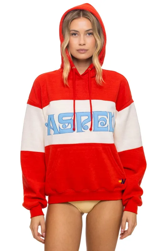 ASPEN EMBROIDERY COLOR BLOCK PULLOVER HOODIE RELAXED - RED // VINTAGE WHITE sold by Aviator Nation