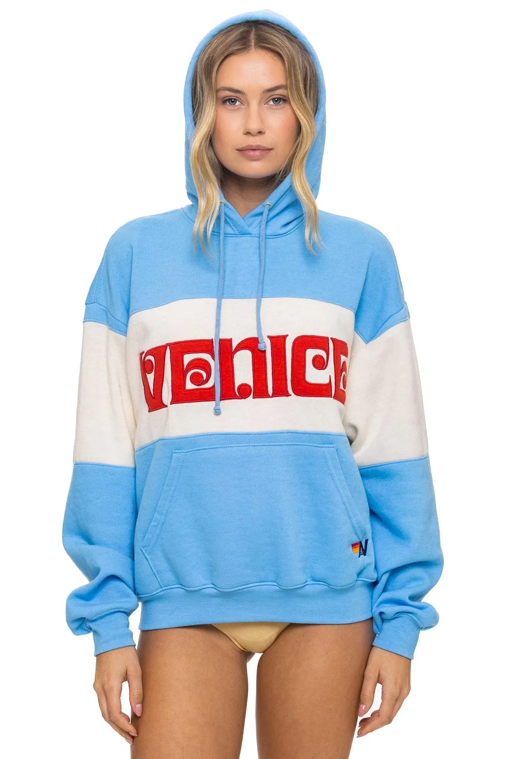 VENICE EMBROIDERY COLOR BLOCK PULLOVER HOODIE RELAXED - SKY // VINTAGE WHITE sold by Aviator Nation