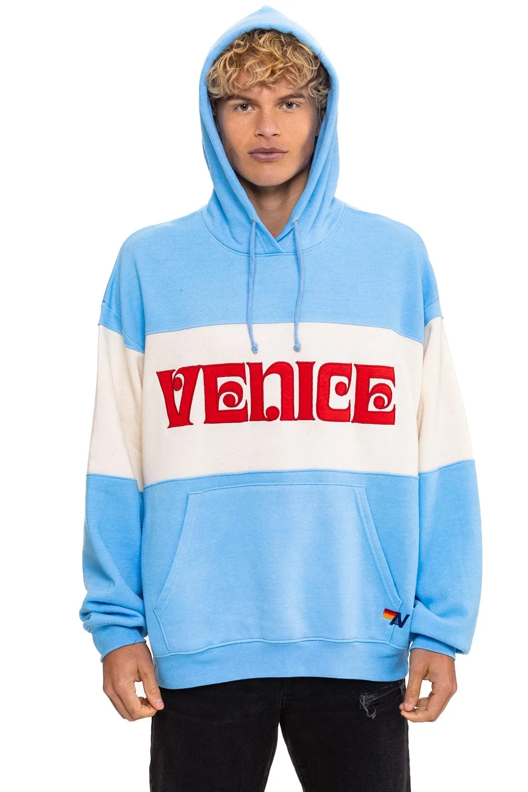 VENICE EMBROIDERY COLOR BLOCK PULLOVER HOODIE RELAXED - SKY // VINTAGE WHITE sold by Aviator Nation product image thumbnail 2