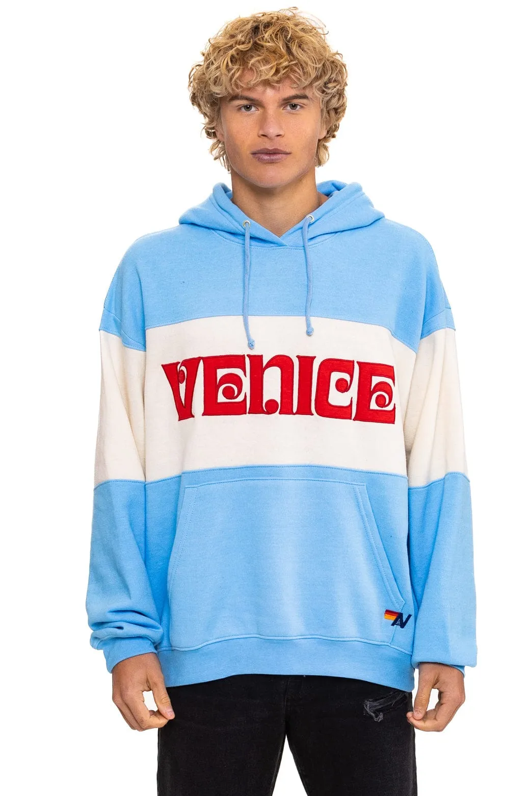VENICE EMBROIDERY COLOR BLOCK PULLOVER HOODIE RELAXED - SKY // VINTAGE WHITE sold by Aviator Nation product image thumbnail 4