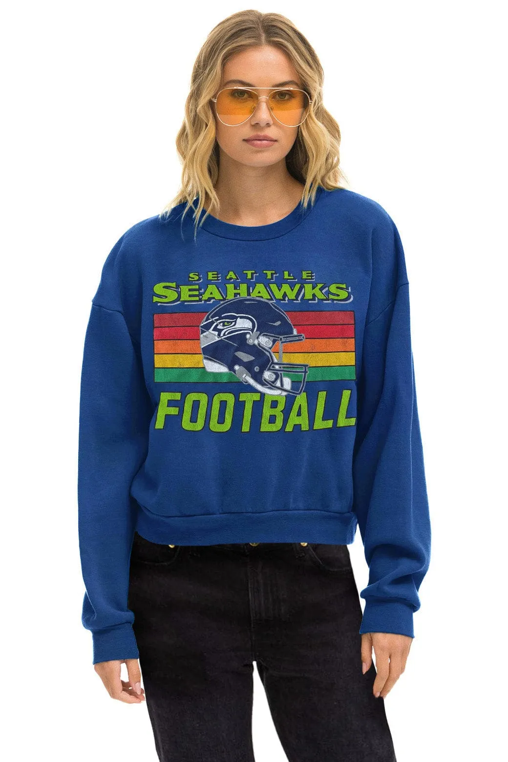 SEATTLE SEAHAWKS HELMET RELAXED CREW SWEATSHIRT - ROYAL sold by Aviator Nation