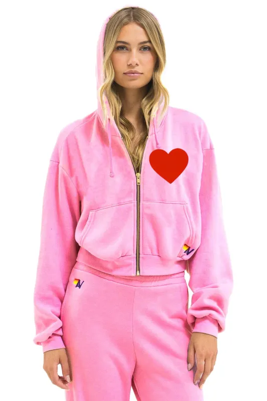 HEART STITCH RELAXED CROP ZIP HOODIE - NEON PINK sold by Aviator Nation