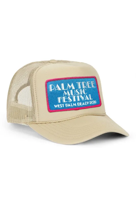 PALM TREE FESTIVAL WEST PALM 2026 VINTAGE LOW RISE TRUCKER - SAND made by Aviator Nation