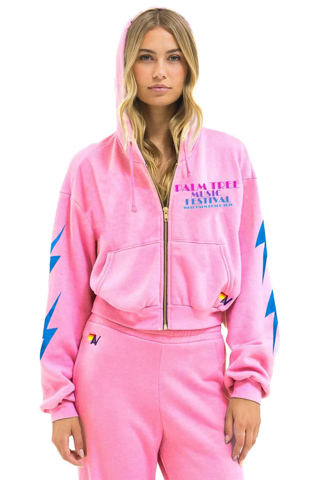 PALM TREE FEST WEST PALM 2026 CROPPED ZIP HOODIE RELAXED - NEON PINK sold by Aviator Nation
