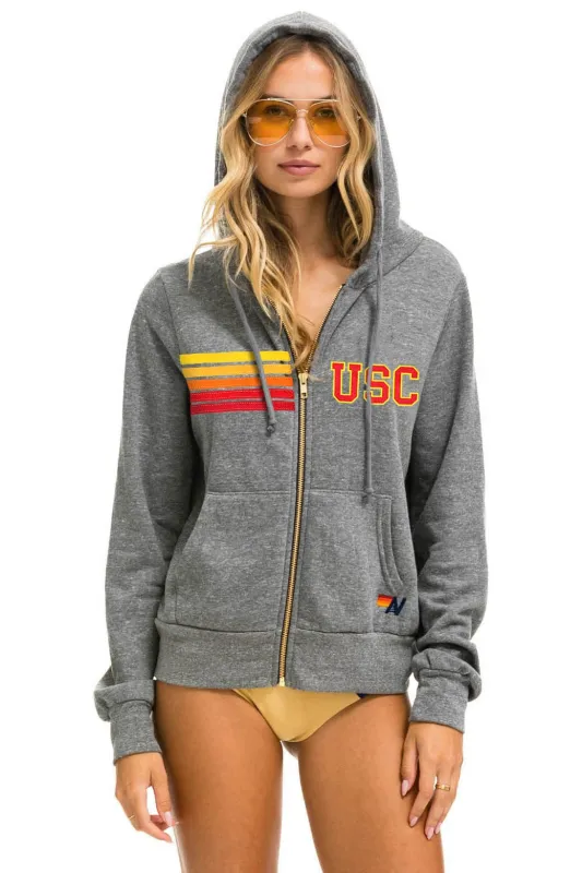 UNIVERSITY OF SOUTHERN CALIFORNIA 5 STRIPE ZIP HOODIE - HEATHER GREY made by Aviator Nation