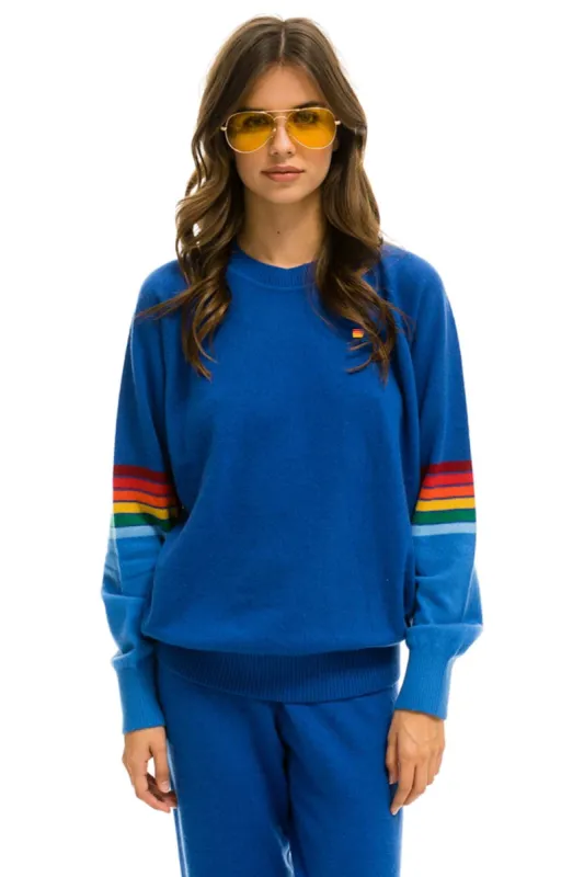 RAINBOW STRIPE SLEEVE UNISEX CASHMERE LIGHT SWEATER - VINTAGE BLUE sold by Aviator Nation
