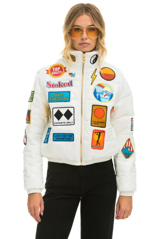 VINTAGE PATCH APRES PUFFER JACKET - WHITE GLOSSY sold by Aviator Nation
