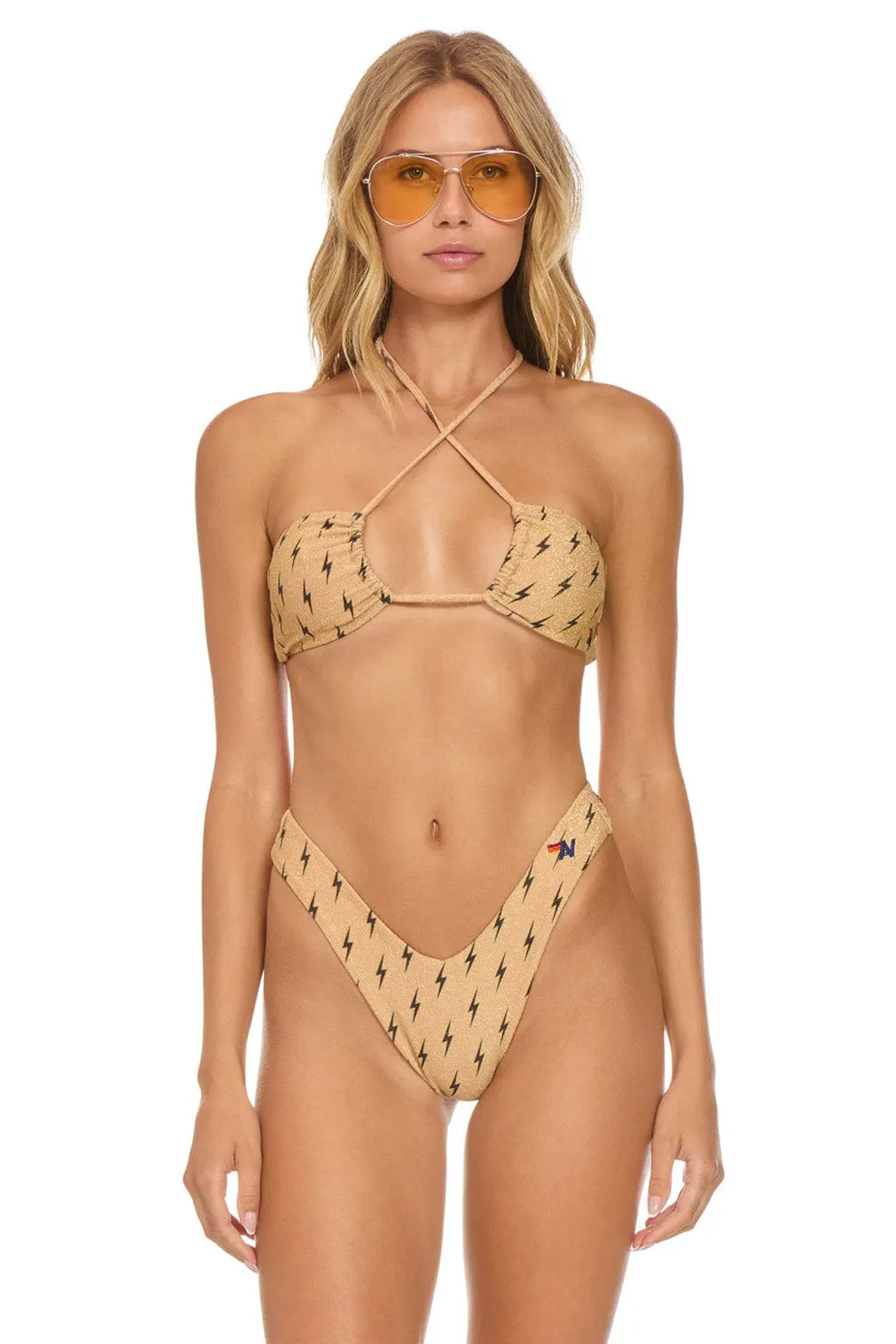 SPARKLE ST TROPEZ BANDEAU HALTER BIKINI TOP - BLACK BOLT REPEAT sold by Aviator Nation