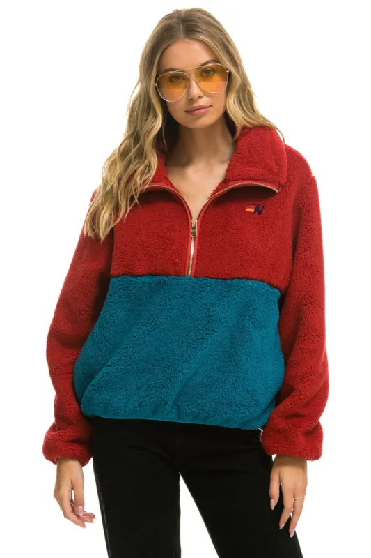 TEDDY APRES HALF ZIP COLOR BLOCK JACKET - CHERRY sold by Aviator Nation
