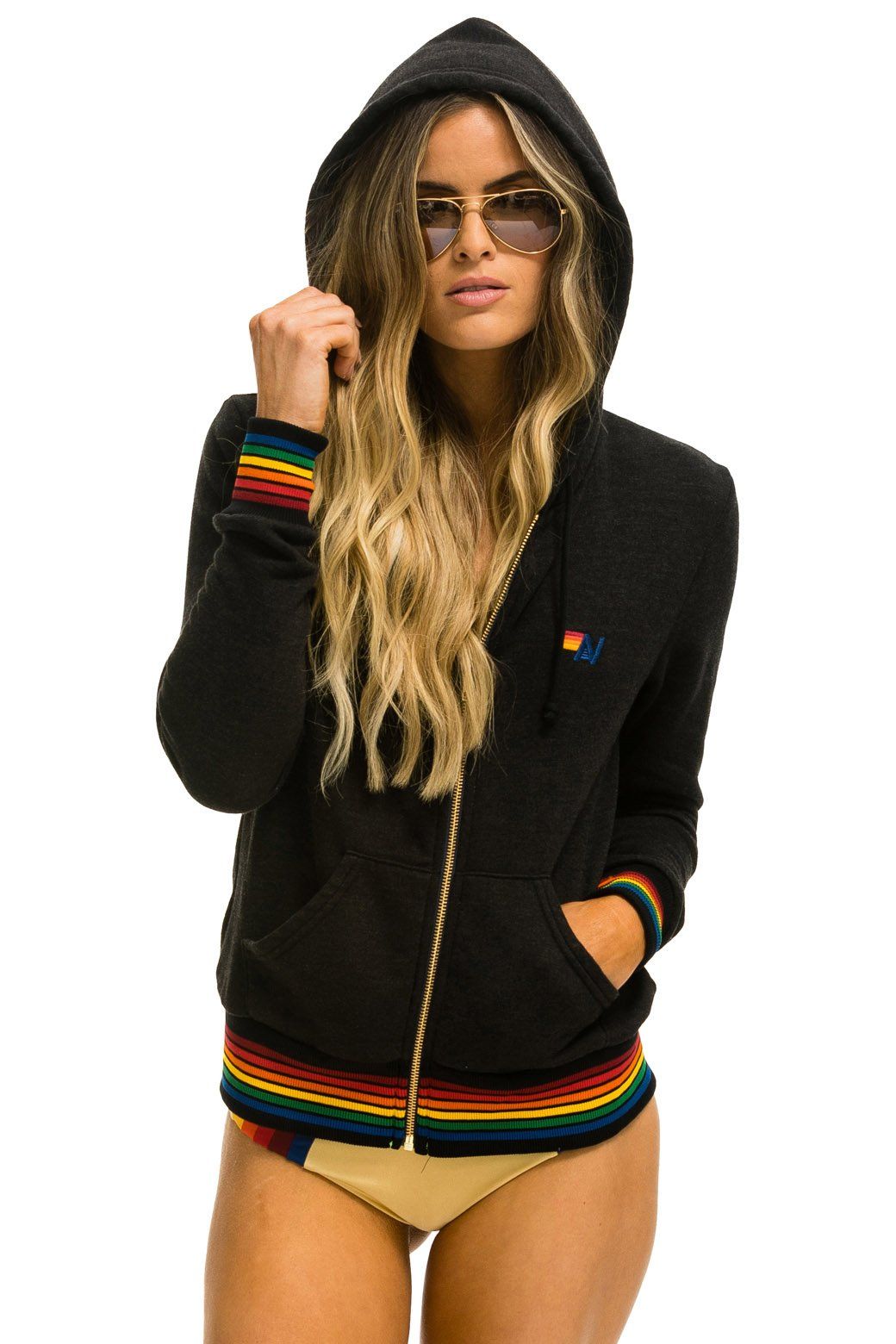 RAINBOW RIB HOODIE - BLACK sold by Aviator Nation