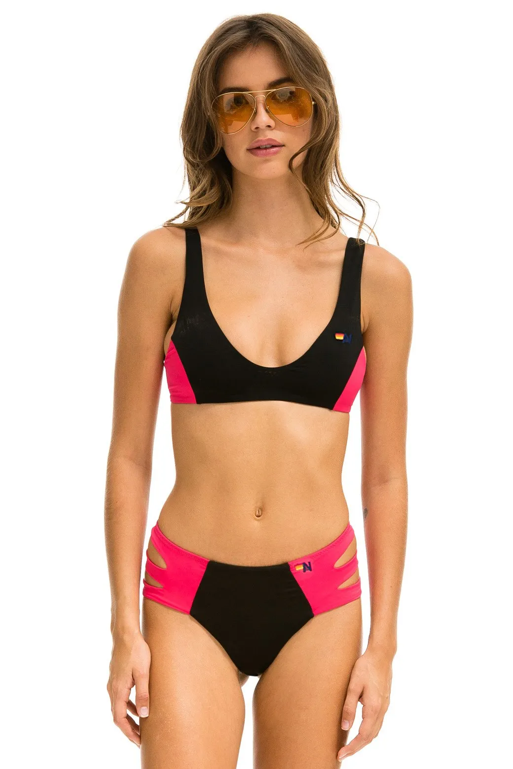 HI-WAISTED SIDE CUT OUT COLOR BLOCK FULL COVERAGE BRIEF BIKINI BOTTOMS - BLACK // RED sold by Aviator Nation