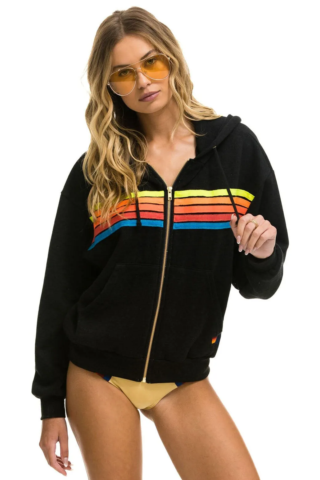 5 STRIPE RELAXED ZIP HOODIE - BLACK // NEON RAINBOW sold by Aviator Nation product image thumbnail 3