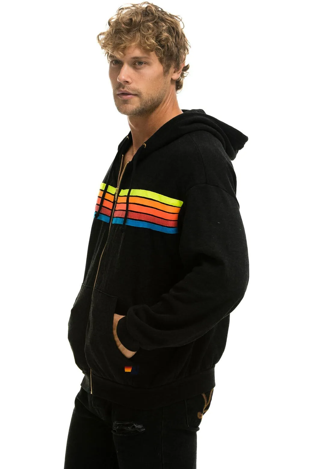 5 STRIPE RELAXED ZIP HOODIE - BLACK // NEON RAINBOW sold by Aviator Nation product image thumbnail 4