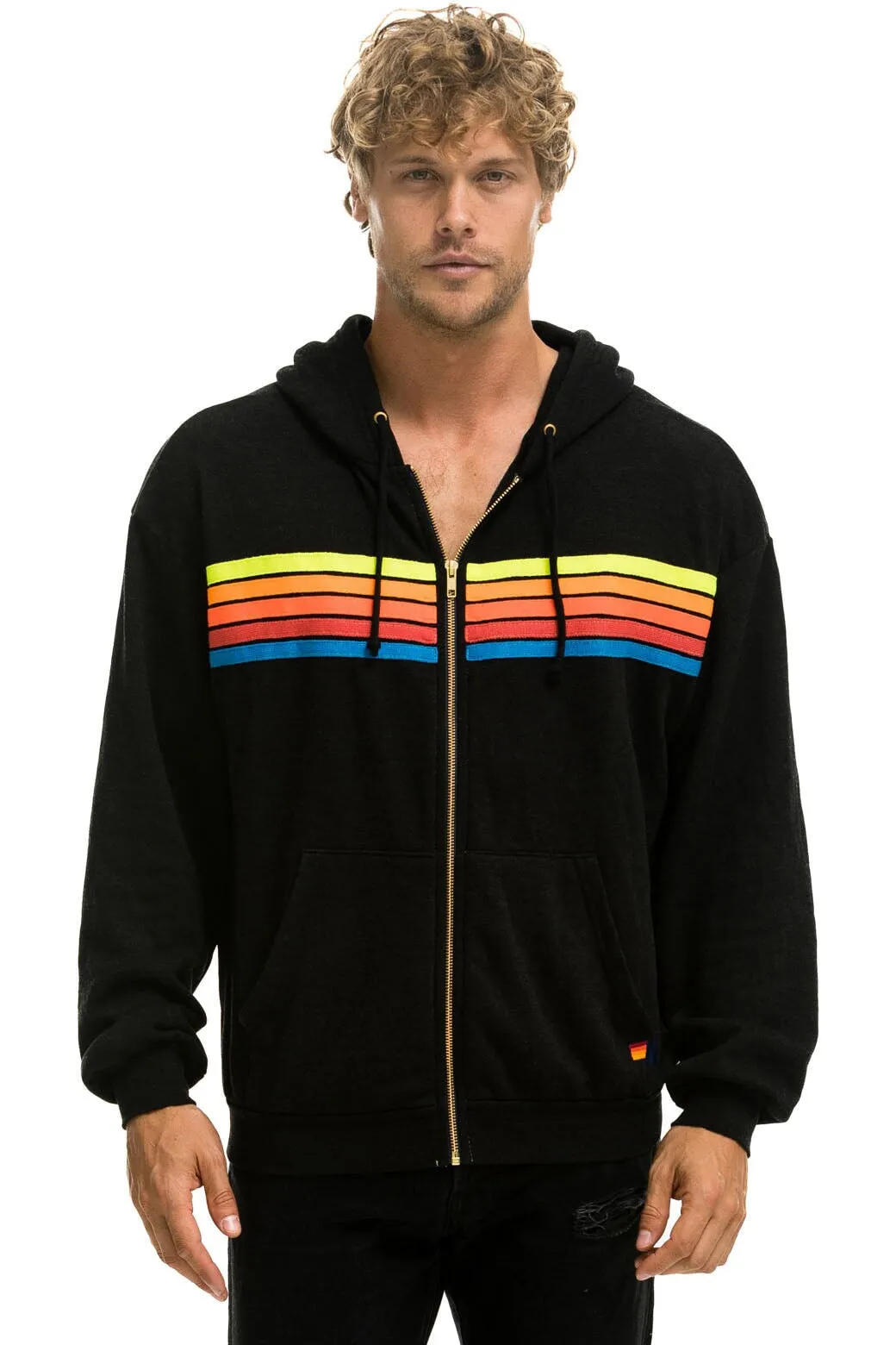 5 STRIPE RELAXED ZIP HOODIE - BLACK // NEON RAINBOW sold by Aviator Nation product image thumbnail 2