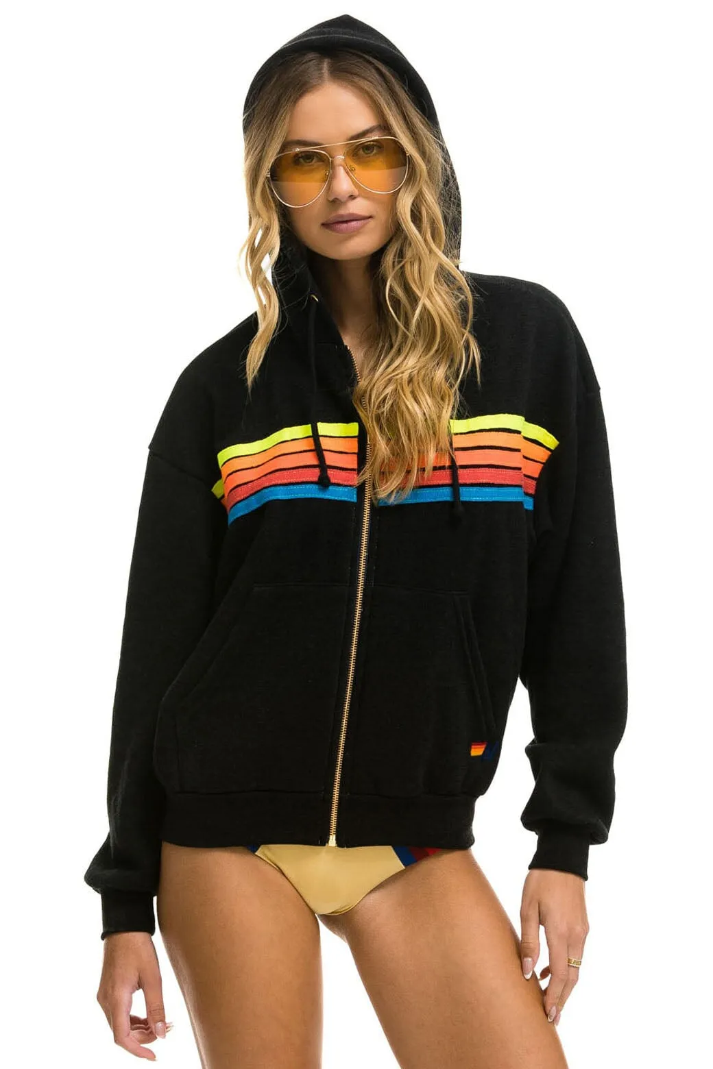 5 STRIPE RELAXED ZIP HOODIE - BLACK // NEON RAINBOW sold by Aviator Nation product image thumbnail 5