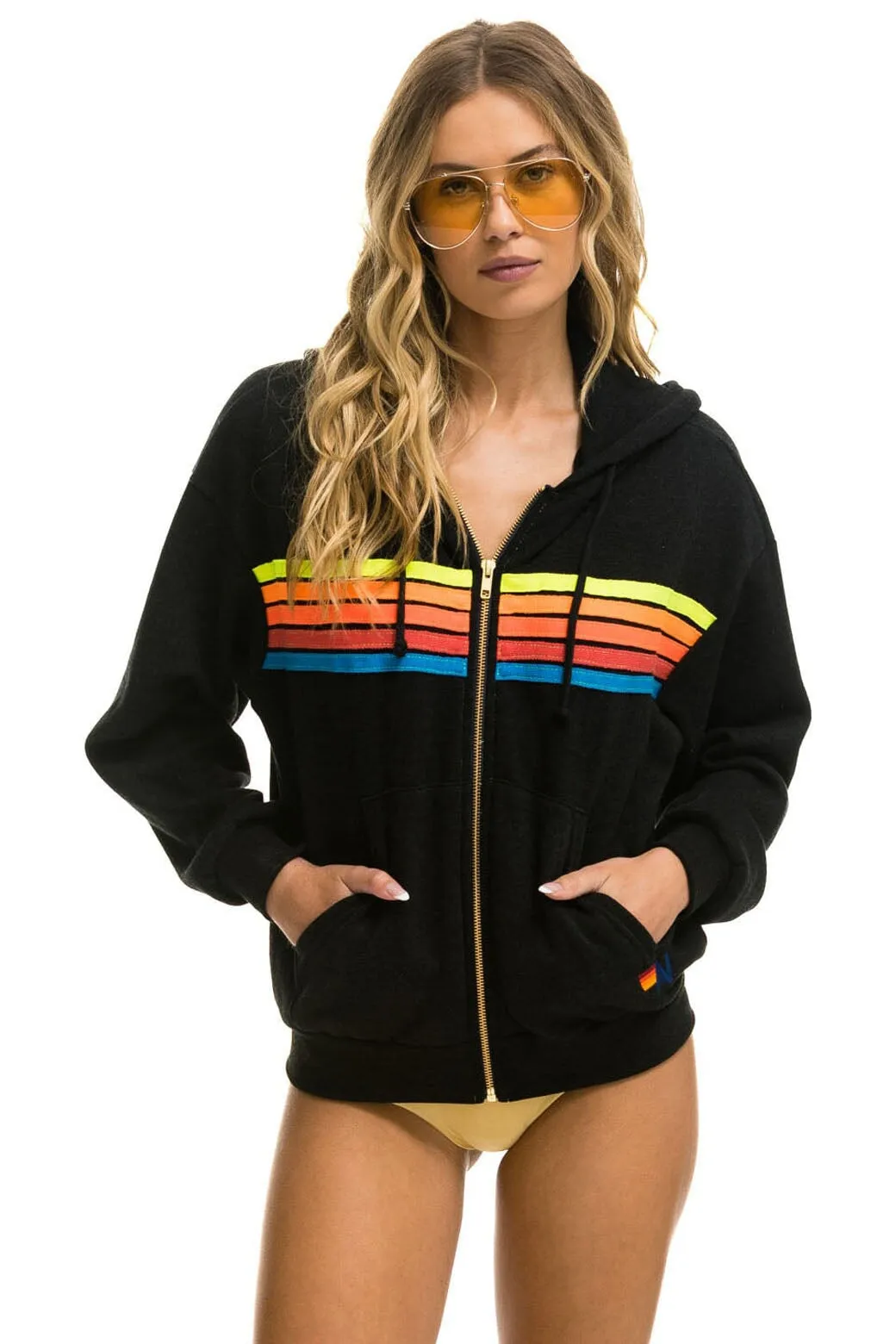 5 STRIPE RELAXED ZIP HOODIE - BLACK // NEON RAINBOW sold by Aviator Nation