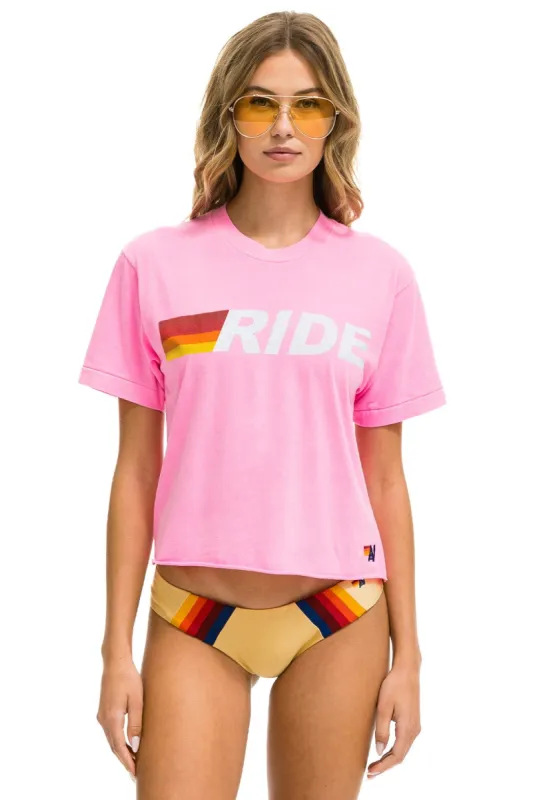 RIDE LOGO WHITE BOYFRIEND TEE - NEON PINK sold by Aviator Nation