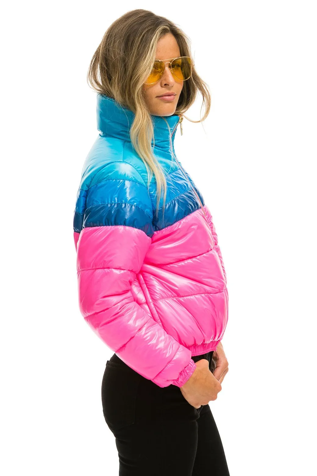 COLOR BLOCK LUXE APRES PUFFER JACKET - GLOSSY NEON PINK sold by Aviator Nation product image thumbnail 5