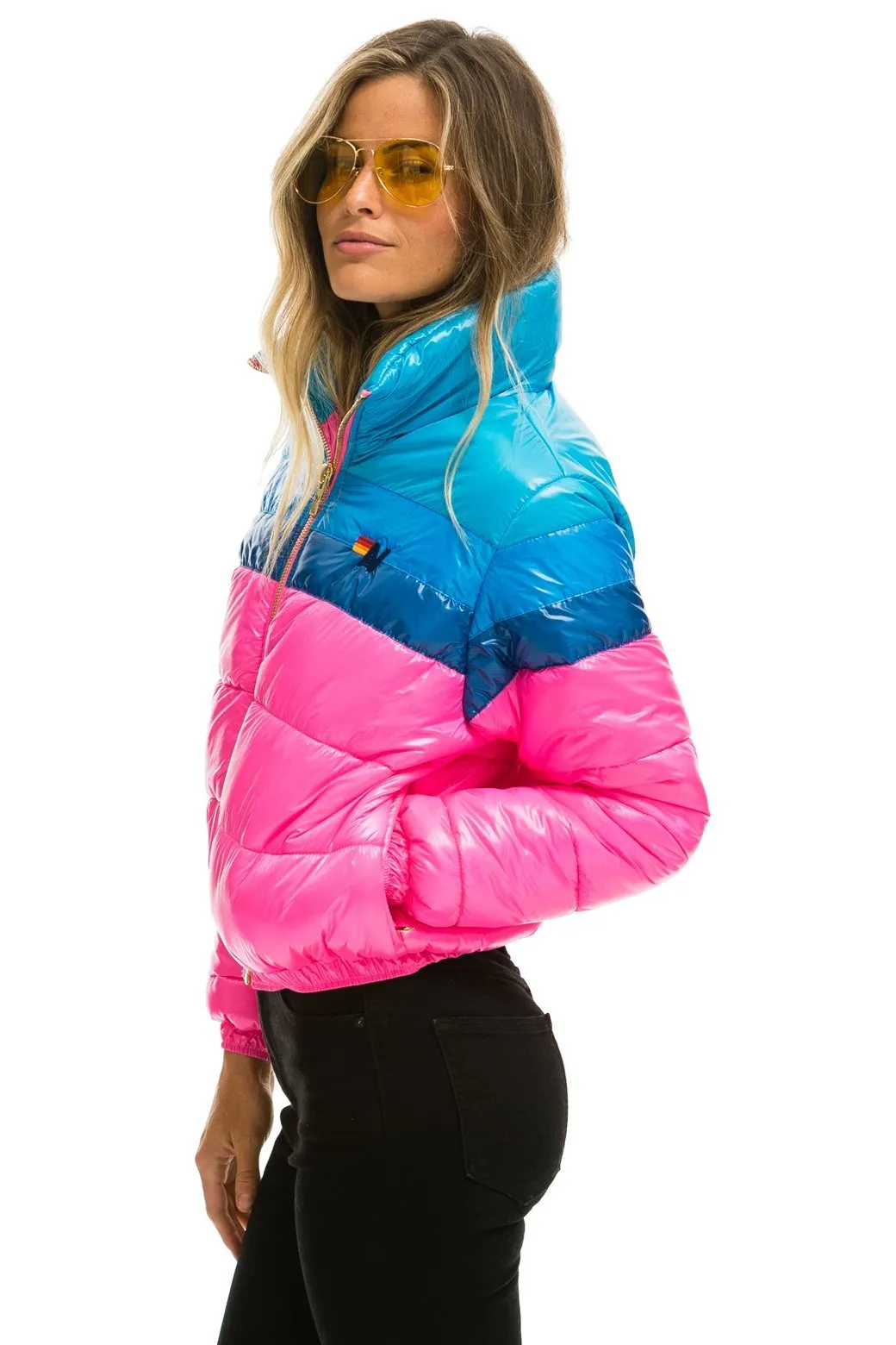 COLOR BLOCK LUXE APRES PUFFER JACKET - GLOSSY NEON PINK sold by Aviator Nation product image thumbnail 2