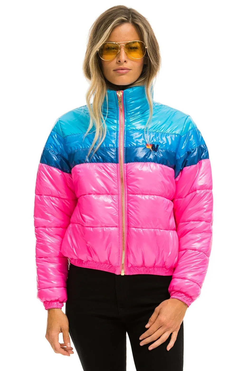 COLOR BLOCK LUXE APRES PUFFER JACKET - GLOSSY NEON PINK sold by Aviator Nation product image thumbnail 3