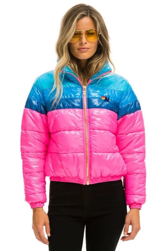 COLOR BLOCK LUXE APRES PUFFER JACKET - GLOSSY NEON PINK sold by Aviator Nation