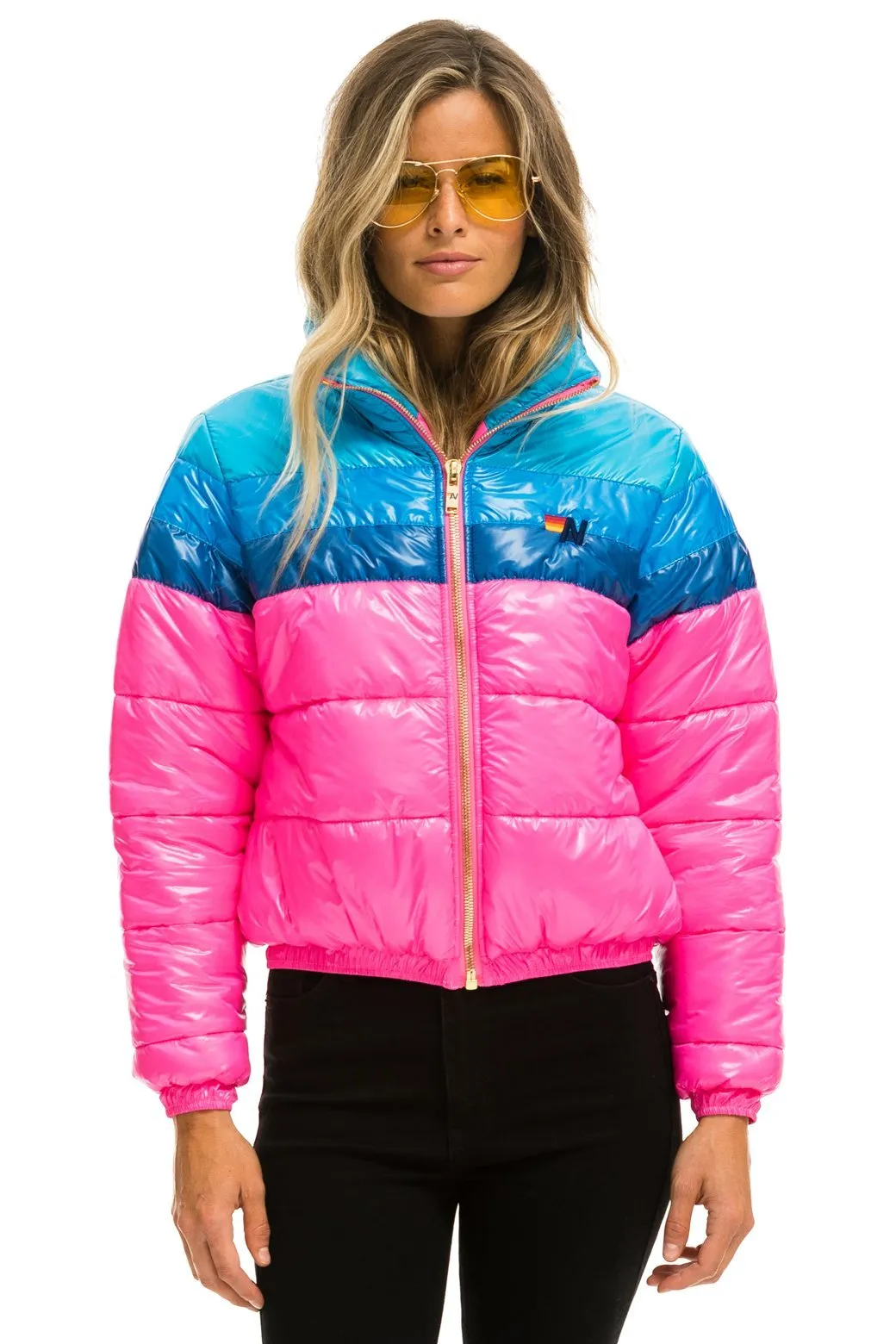 COLOR BLOCK LUXE APRES PUFFER JACKET - GLOSSY NEON PINK sold by Aviator Nation