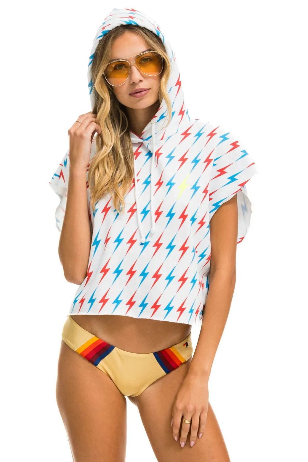 AVIATOR BOLT SLEEVELESS RELAXED CROPPED PULLOVER HOODIE - WHITE // USA sold by Aviator Nation