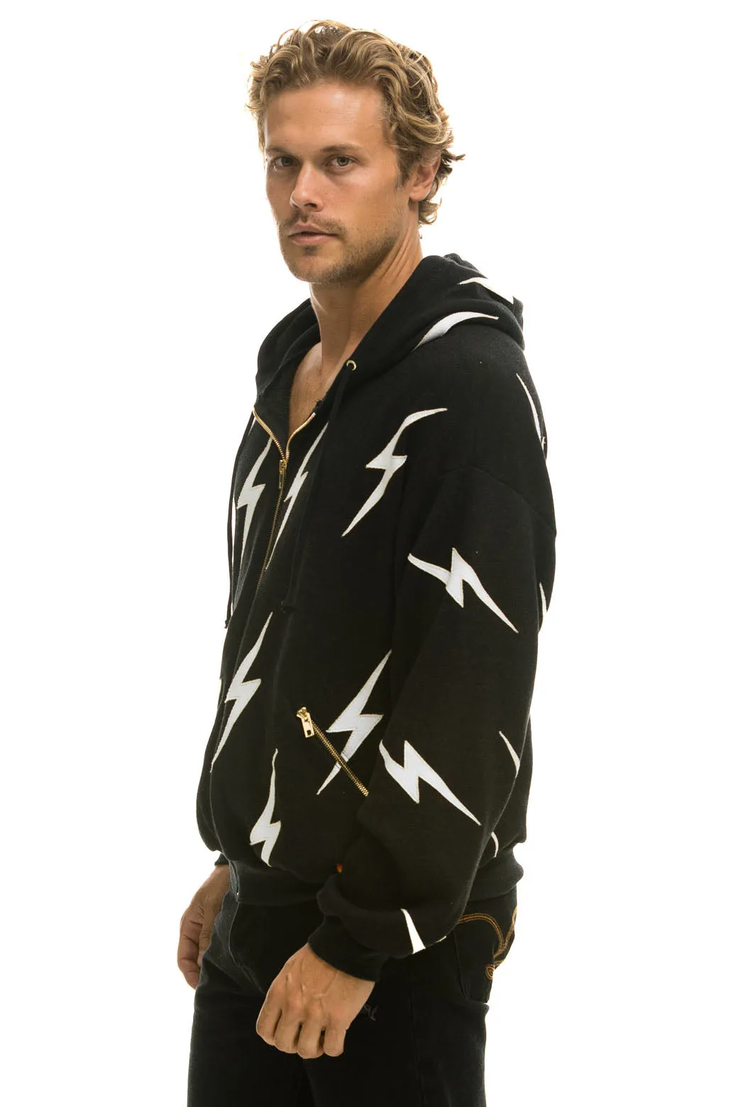 BOLT STITCH REPEAT RELAXED ZIP HOODIE WITH POCKET ZIPPERS- BLACK // WHITE sold by Aviator Nation product image thumbnail 4