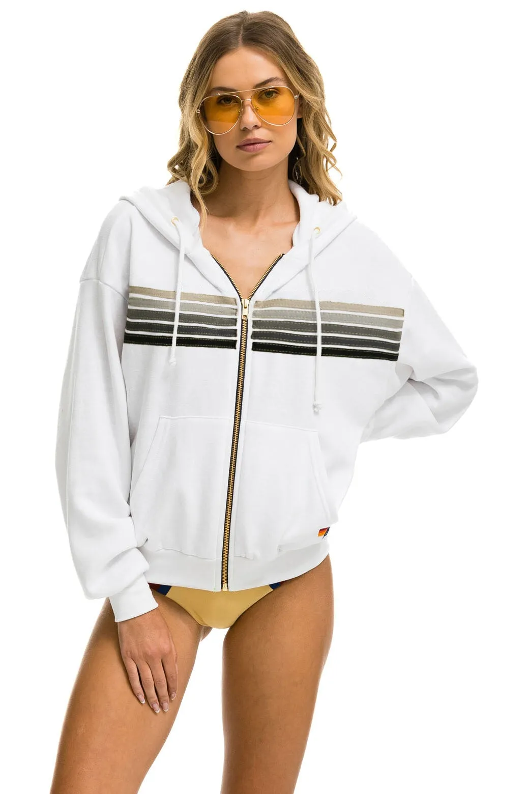 5 STRIPE RELAXED ZIP HOODIE - WHITE // GREY sold by Aviator Nation