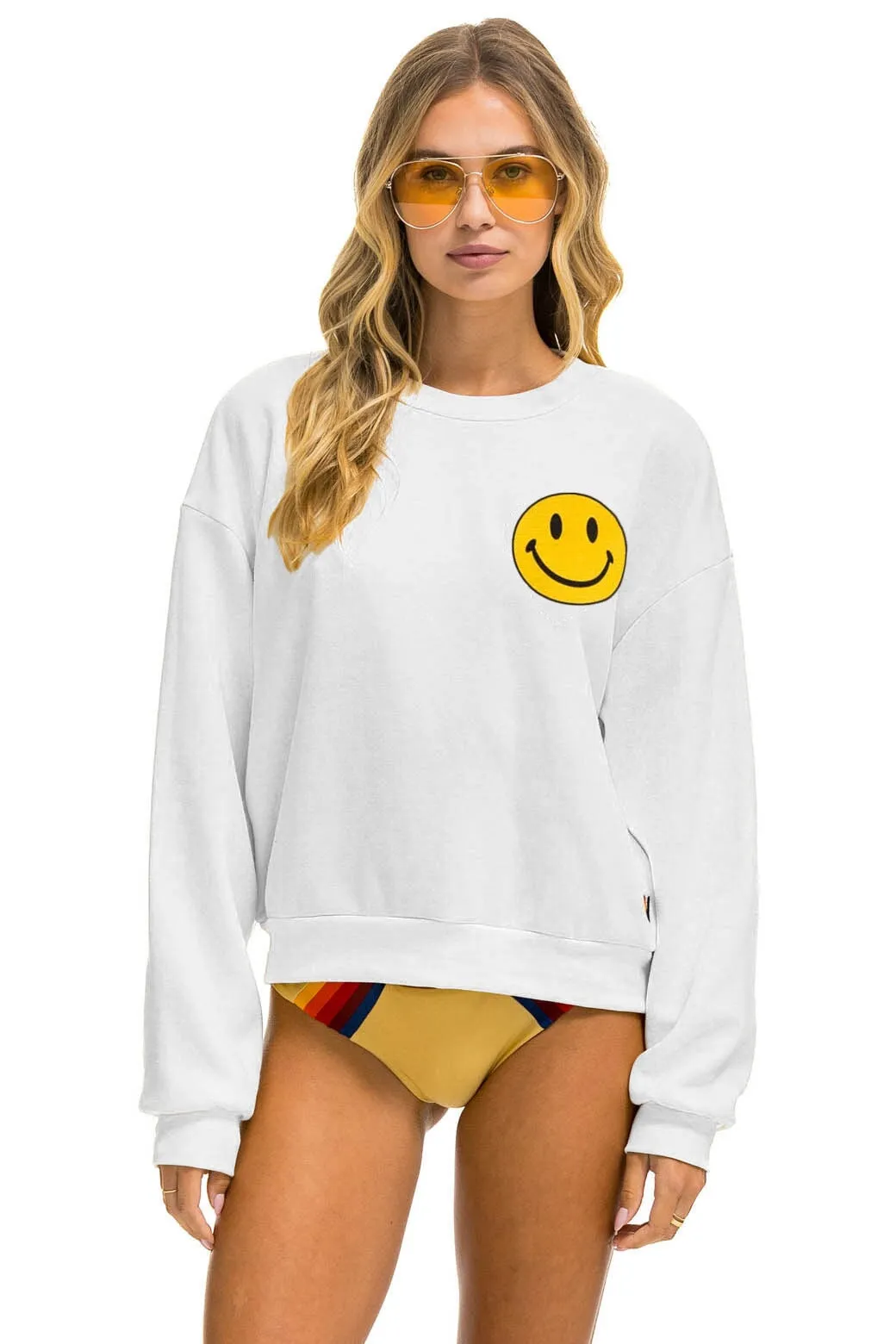 SMILEY 2 RELAXED LIGHT WEIGHT CREW SWEATSHIRT - WHITE sold by Aviator Nation