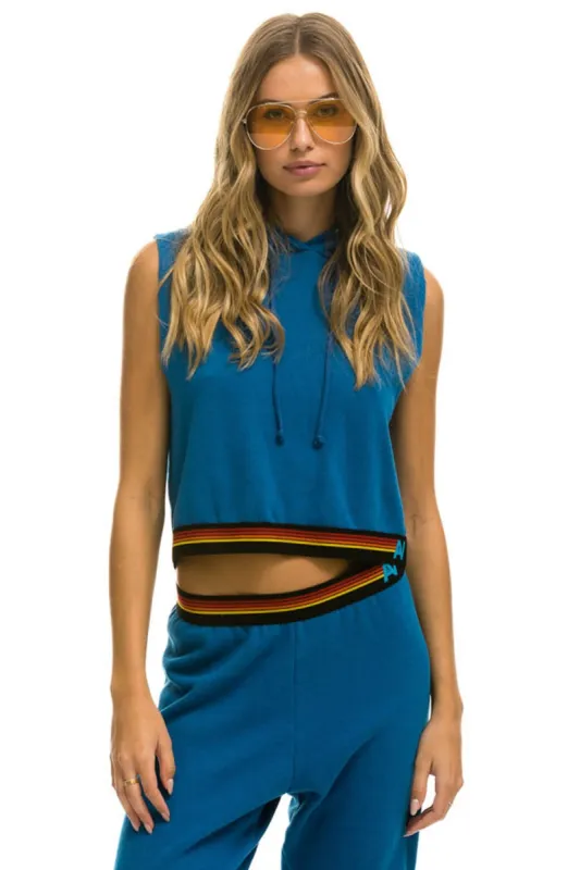 LOGO STRIPE SLEEVELESS CROP PULLOVER HOODIE - CARIBBEAN sold by Aviator Nation
