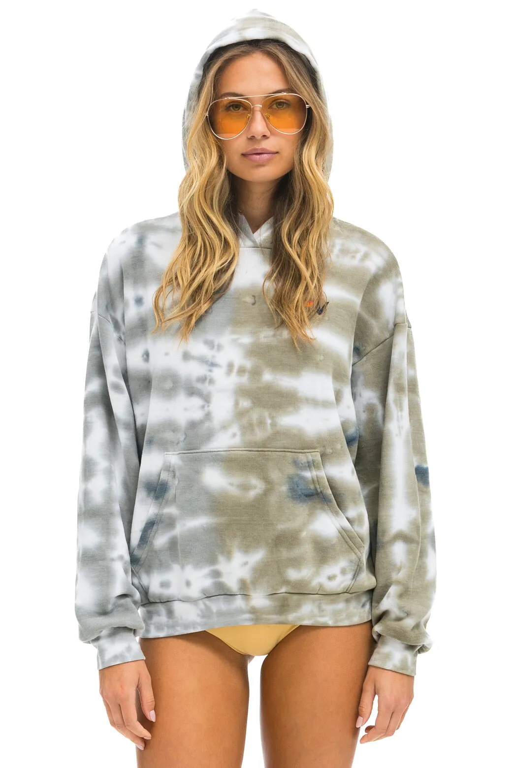 HAND DYED PULLOVER HOODIE RELAXED - TIE DYE GREY // OLIVE sold by Aviator Nation