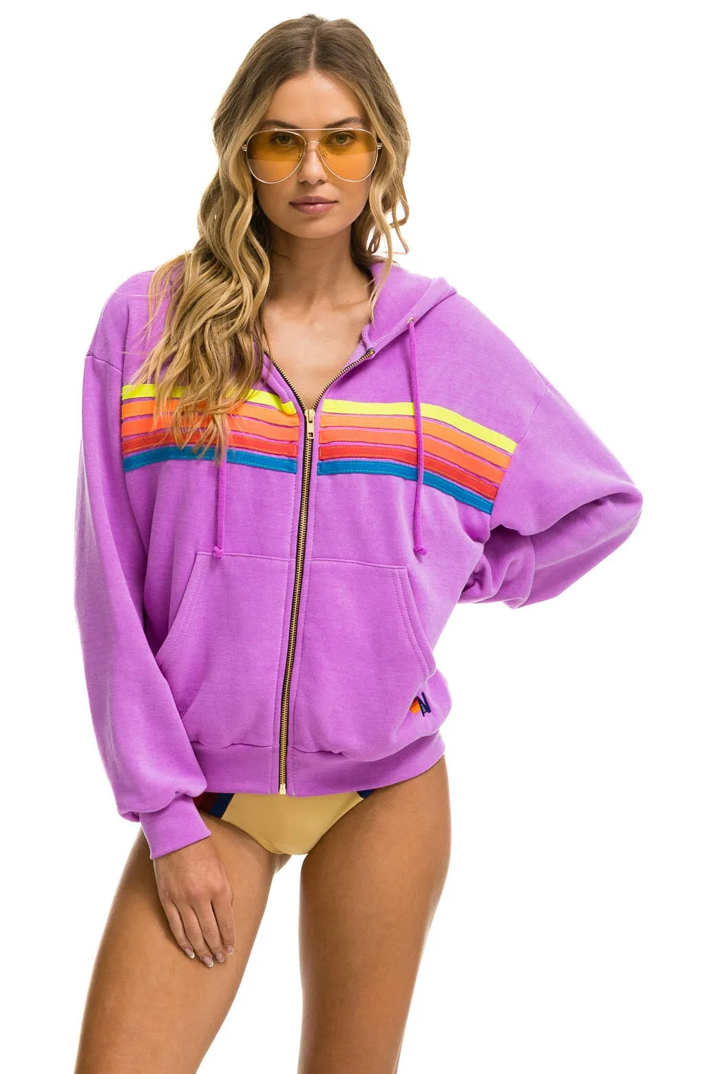 5 STRIPE RELAXED ZIP HOODIE - NEON PURPLE // NEON RAINBOW sold by Aviator Nation product image thumbnail 3