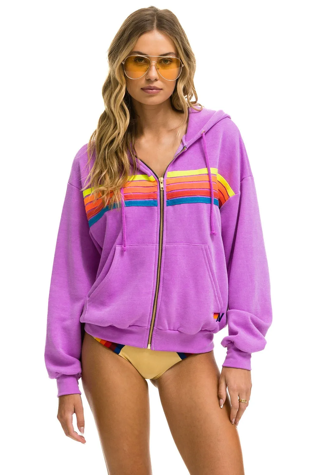 5 STRIPE RELAXED ZIP HOODIE - NEON PURPLE // NEON RAINBOW sold by Aviator Nation