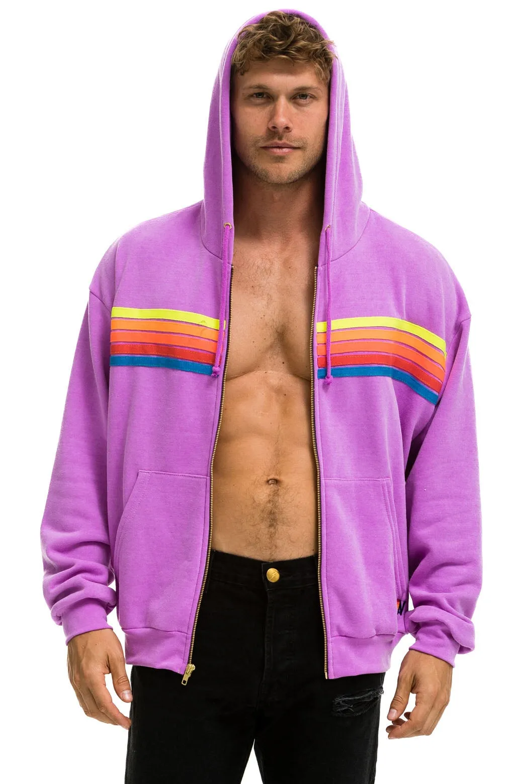 5 STRIPE RELAXED ZIP HOODIE - NEON PURPLE // NEON RAINBOW sold by Aviator Nation product image thumbnail 2